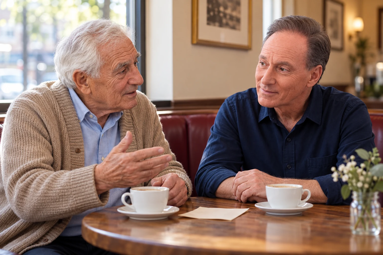 Paul and Besim talking over coffee in a café