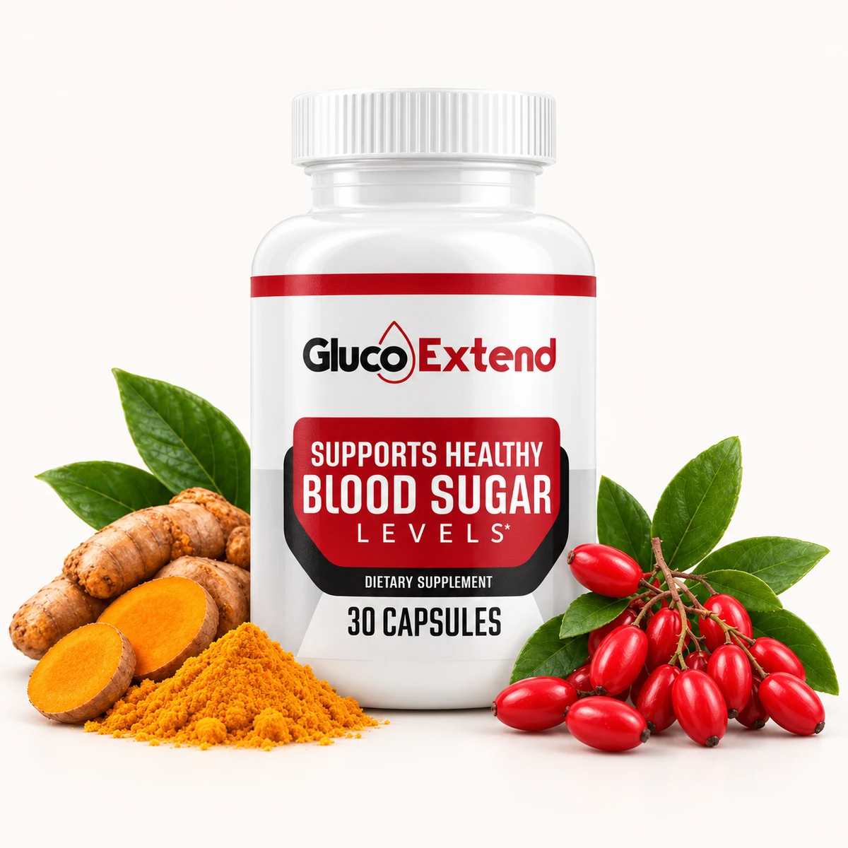 GlucoExtend bottle with turmeric, berries, and leaves on a light studio background