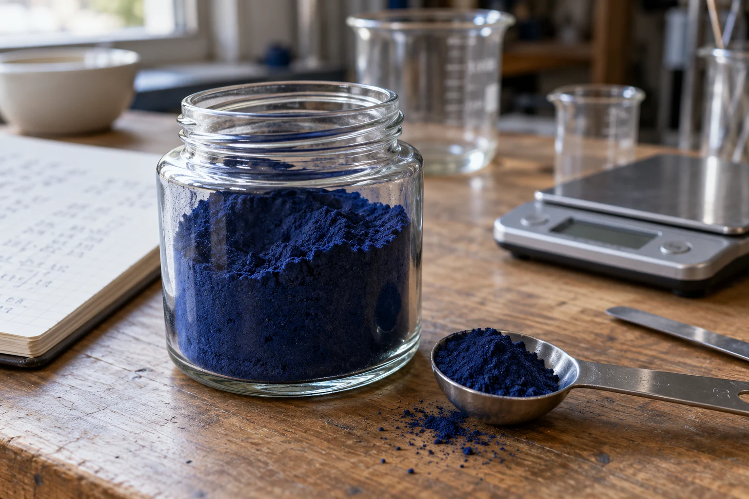 Illustration of deep indigo powder in a glass jar beside a measuring spoon and laboratory scale