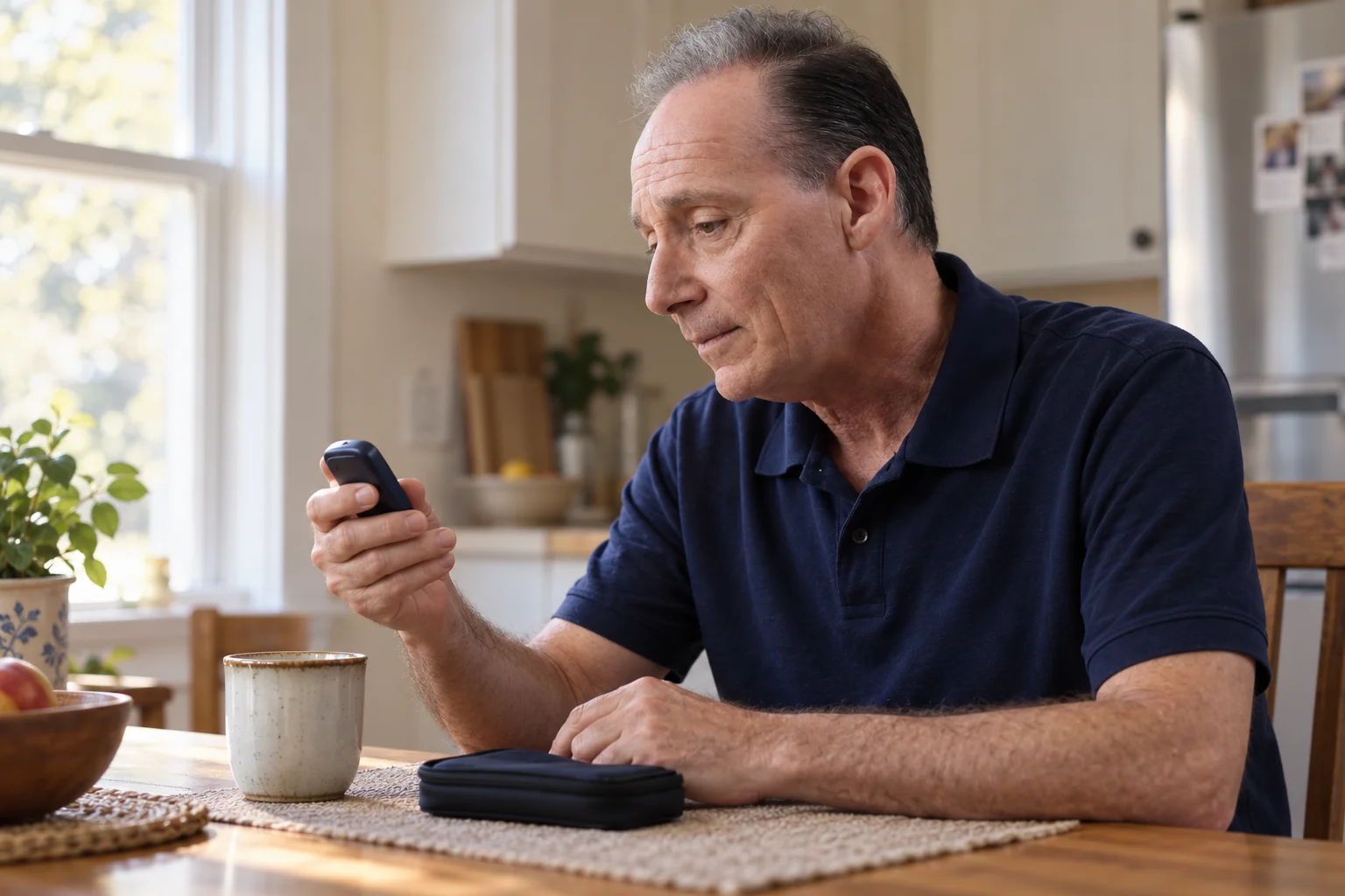 Illustration of Paul looking thoughtfully at a glucose meter at home