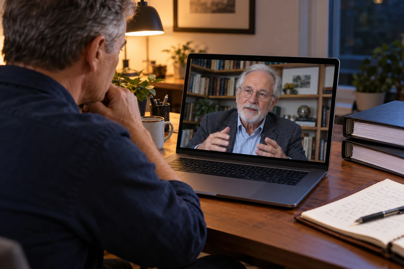 Illustration of two older researchers sharing their work over a laptop video call