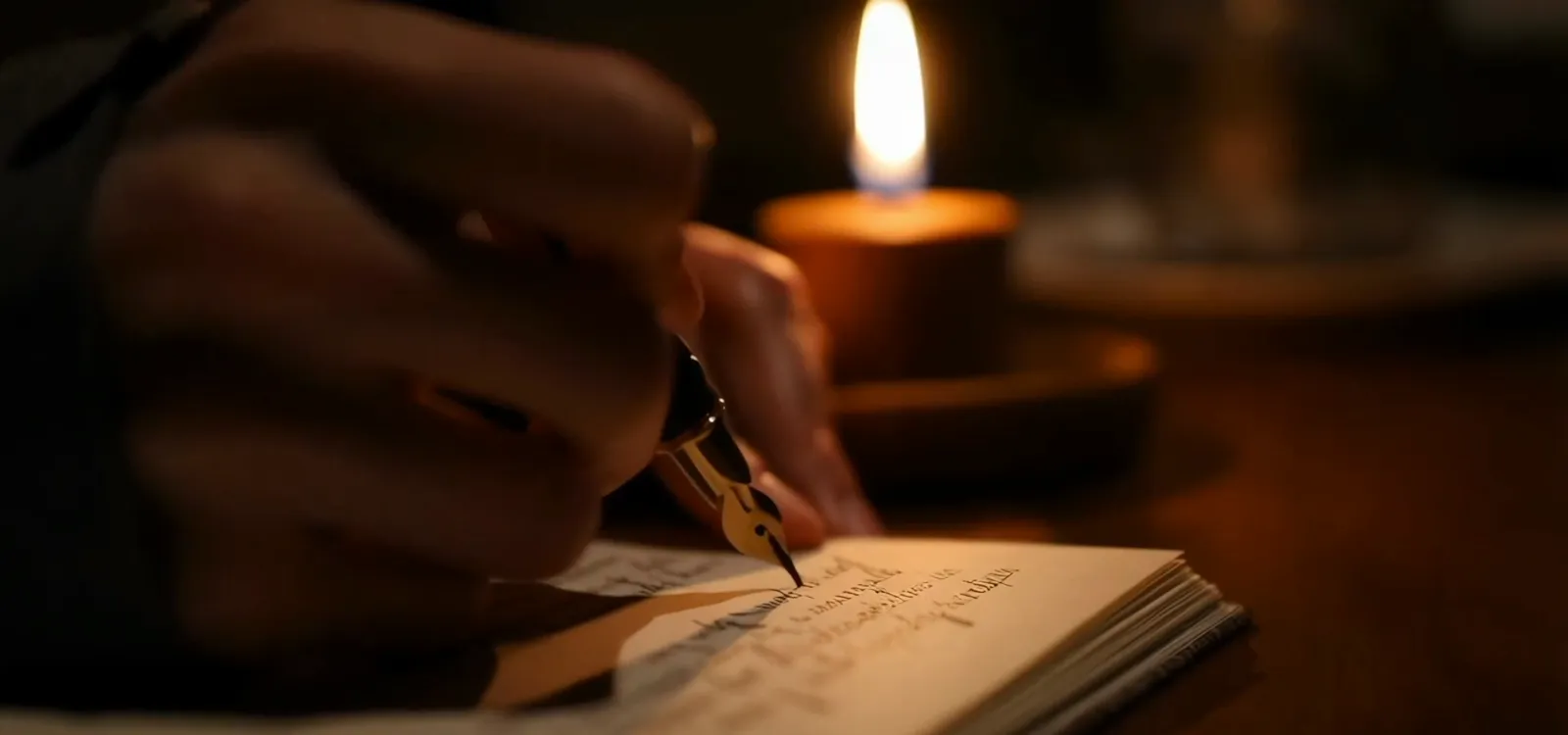 A hand writing in an old leather journal by candlelight